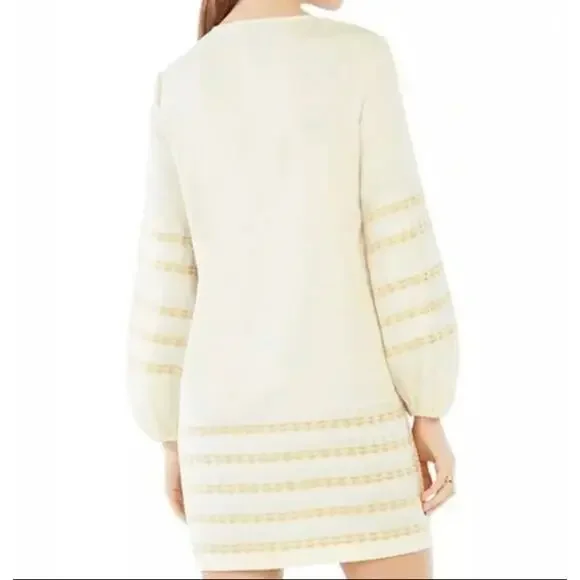 BCBGMAXAZRIA bcbg cream beige silver gold zigzag embroidered cotton tunic dress - Picture 3 of 8